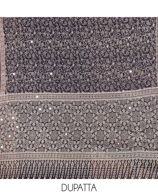 Navy Blue Material Chudidar Set, Subtly Woven with Pom-Pom Potli Neck Vichitra Silk Top, a Plain Santoon Bottom, Paired with Crushed Georgette Dupatta of Ajrakh Print and Mirror Work