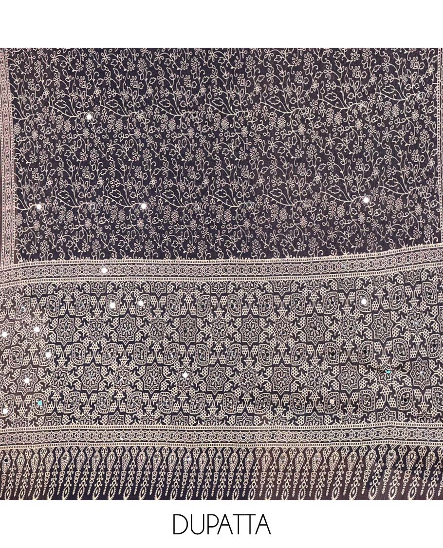 Navy Blue Material Chudidar Set, Subtly Woven with Pom-Pom Potli Neck Vichitra Silk Top, a Plain Santoon Bottom, Paired with Crushed Georgette Dupatta of Ajrakh Print and Mirror Work