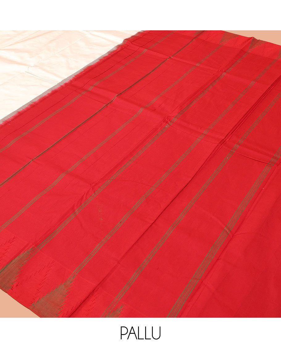 White Plain Bangalore Silk Saree, Complemented by a Contrast Temple Border, Pallu of Stripes, and a Contrast Blouse