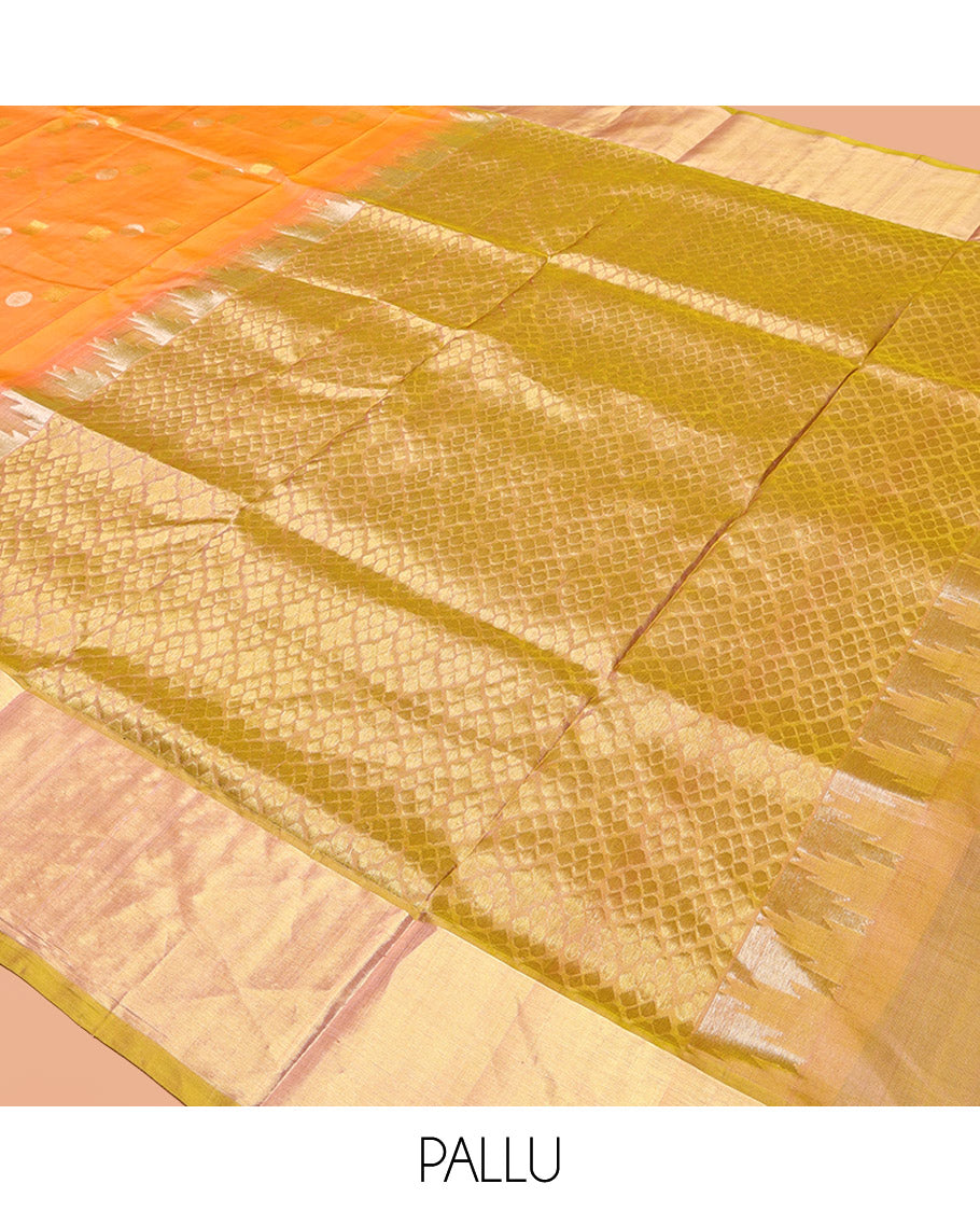 Orange Venkatagiri Silk Saree, Showcasing Zari Buttas All Over Its Body, Complemented by a Contrast Zari Border, Pallu of Zari Designs, and Paired with a Contrast Blouse