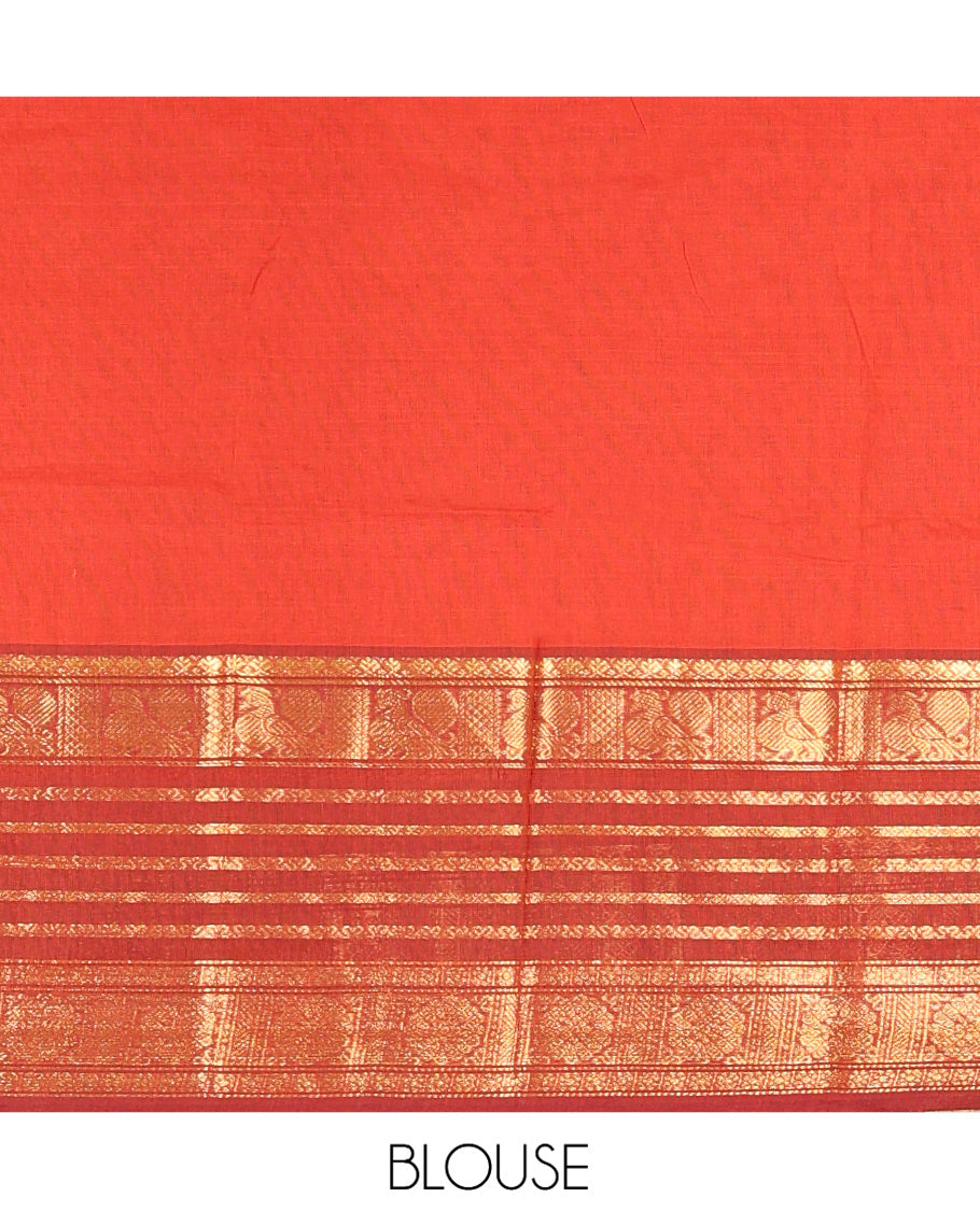 Rust-Maroon Chettinad Cotton Half-Saree, Plain Contrast Traditional Zari Bordered Skirt, Matching Blouse, and a Contrast Dhavani