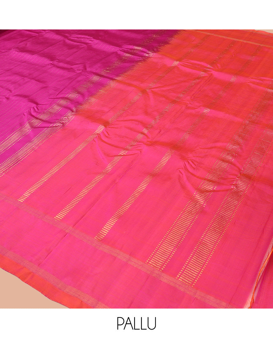 Pink Kanchipuram Silk Saree, Subtly Sparkled with Muthu Zari Stripes, Highlighted by Rettai Pettu Traditional Border, Zari Striped Pallu, and a Matching Blouse