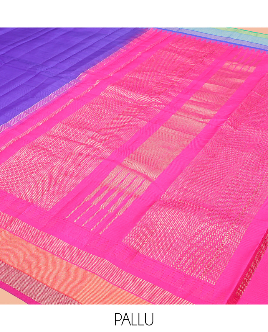 Violet Striped Bangalore Silk Saree, Complemented by a Contrast Temple Ganga-Jamuna Border, Zari-Striped Pallu, and Contrast Blouse