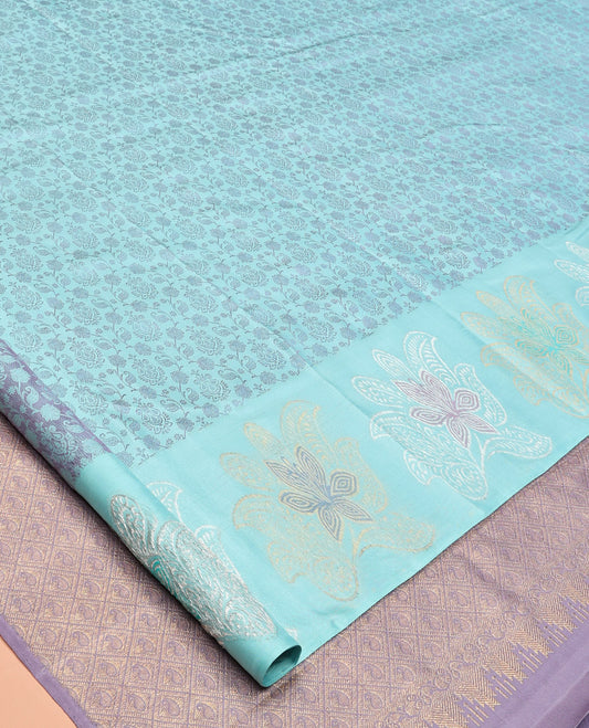 Blue Floral-Paisley Design Kanchipuram Silk Saree, a Floral Border, Contrast Jaal Pallu, Contrast Blouse