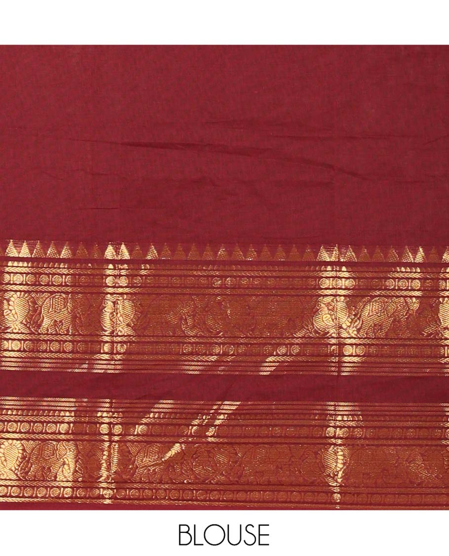 Maroon Chettinad Cotton Half-Saree Featuring Plain Skirt, Elevated with a Contrast Traditional Zari Design Varisai Pettu Border, Paired with a Matching Blouse, and a Satin Georgette Zari Bordered Dhavani