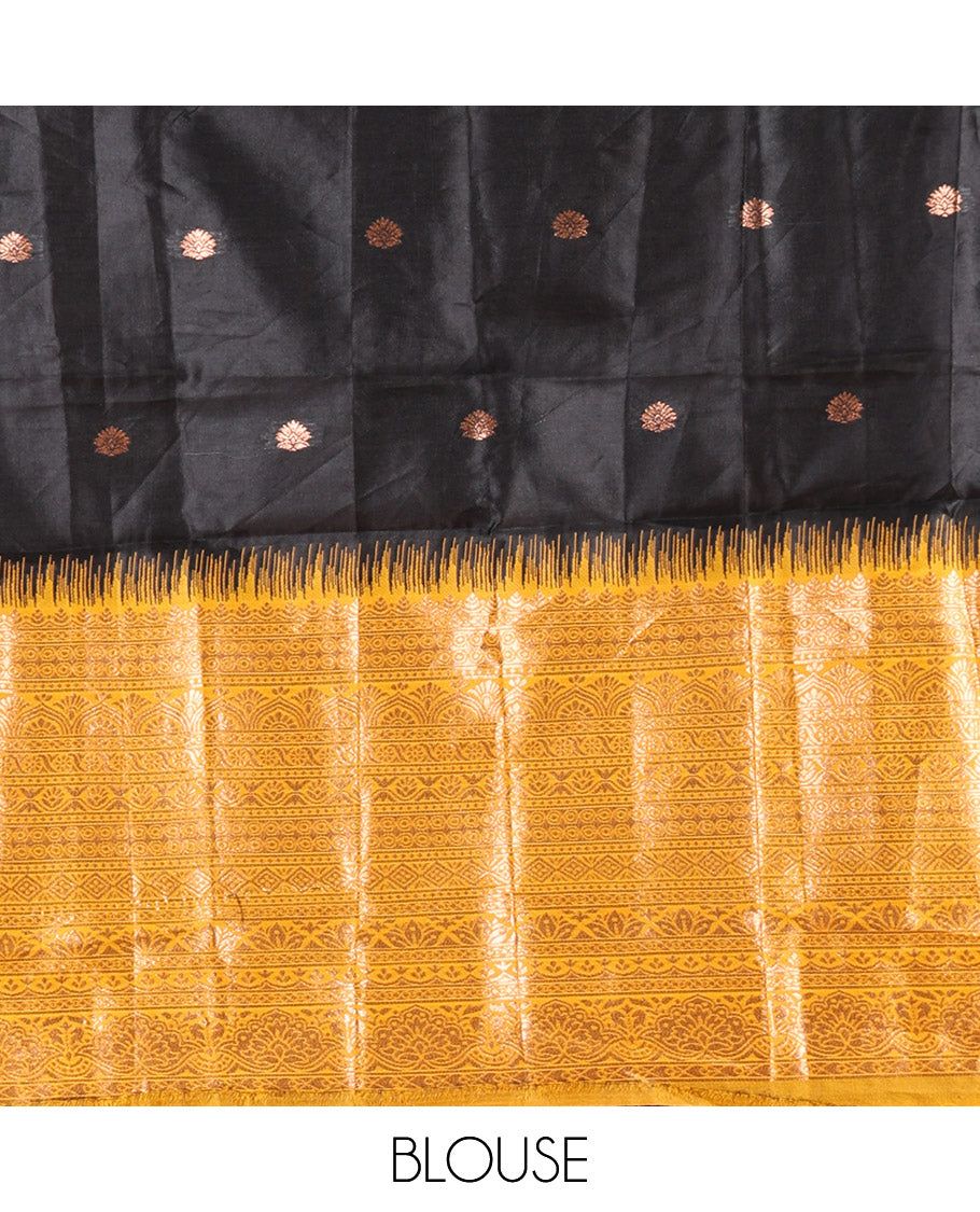 Black and Mustard Semi-Banaras Half-Saree Featuring Zari Buttas All Over the Skirt, Accentuated with a Contrast Traditional Zari Design Border, Paired with a Matching Blouse, and Has a Plain Syska Georgette Dhavani with a 4-Sided Zari Border
