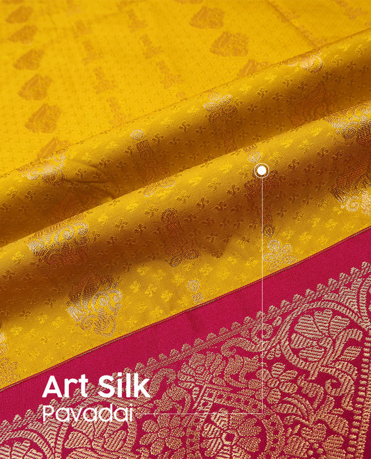 Mango yellow art silk pavadai material set, zari design pavadai, contrast blouse & traditional zari border