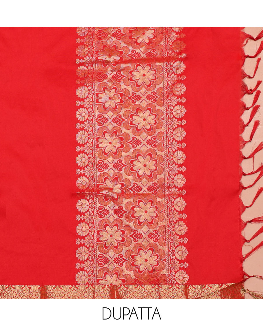 Blue Art Silk Material Half Saree Set, Opulently Embellished with Tropical-Floral Jacquard Design Skirt, a Contrast Traditional Zari Design Border, Contrast Zari-Jacquard Blouse, and a Dhavani of Floral Designs