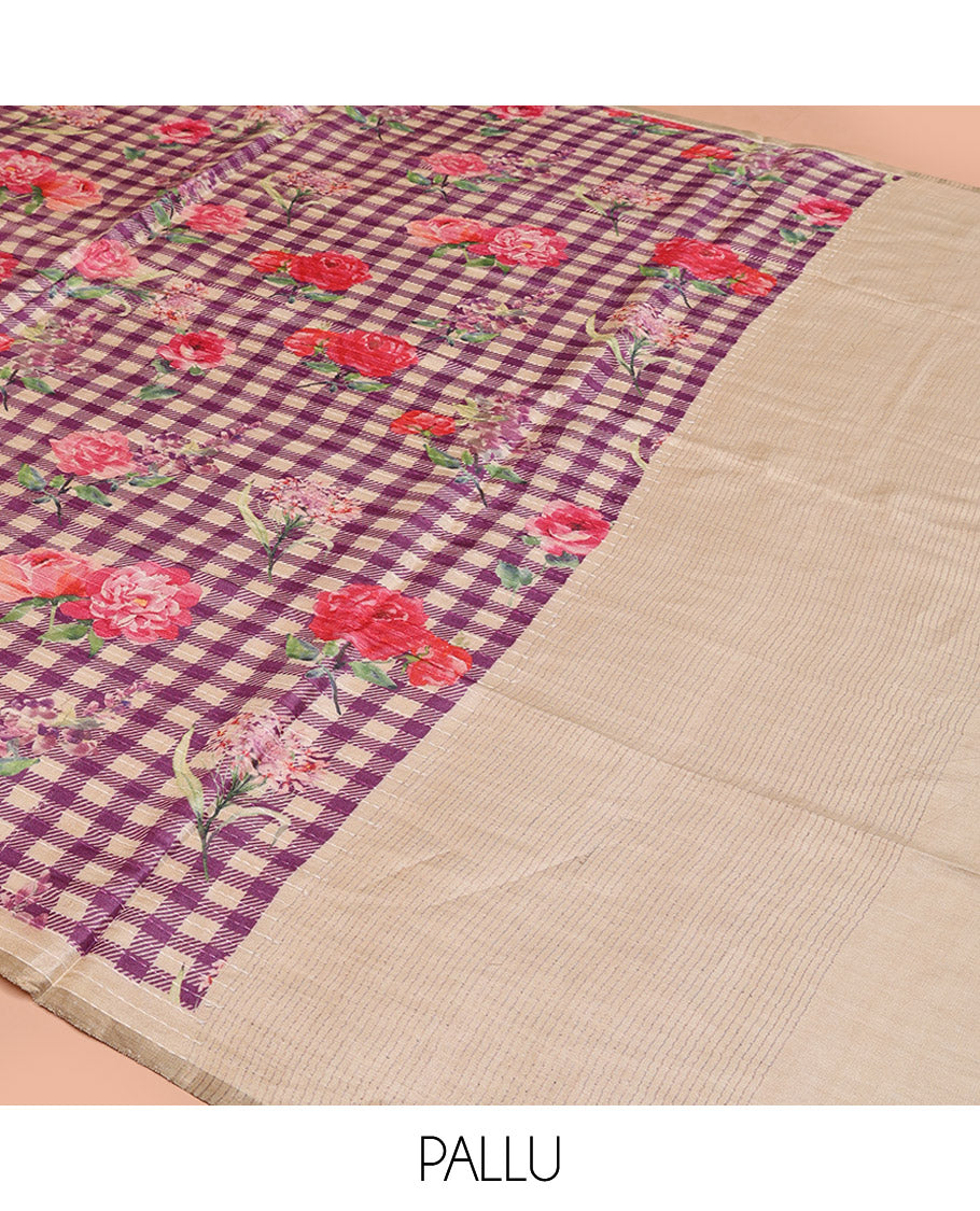 Sandal and Purple Tussar Silk Saree, Mesmerized with Burberry-Style Checks and Floral Print on Its Body, a Subtle Border, Subtly Striped Pallu, and Paired with a Matching Blouse