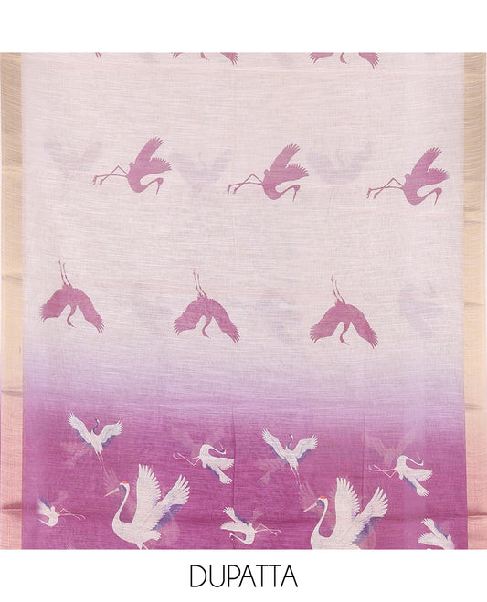 Dark Lavender Semi-Linen Material Churidar, Adorned with Heron Motifs Top, a Plain Santoon Bottom, a Contrast Heron Dupatta