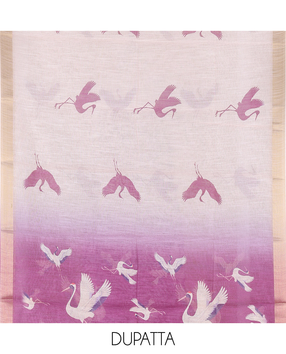 Dark Lavender Semi-Linen Material Churidar, Adorned with Heron Motifs Top, a Plain Santoon Bottom, a Contrast Heron Dupatta