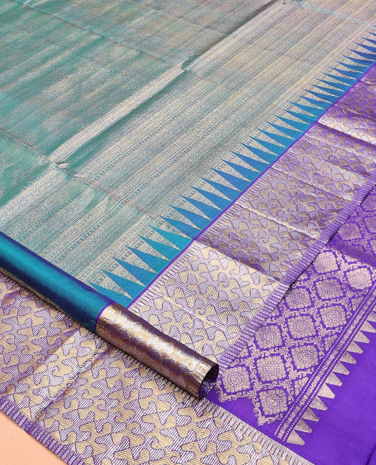 Blue Jacquard Venkatagiri Silk Saree, a Contrast Geometric Zari Border, Jaal Pallu, a Contrast Blouse
