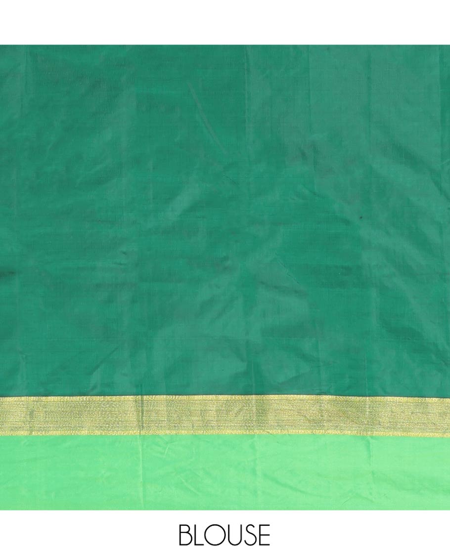 Maroon Aarani Silk Saree, Detailed with Zari Buttas on Its Body, Complemented by a Contrast Zari Border, Pallu of Stripes and Buttas, and Paired with a Contrast Blouse