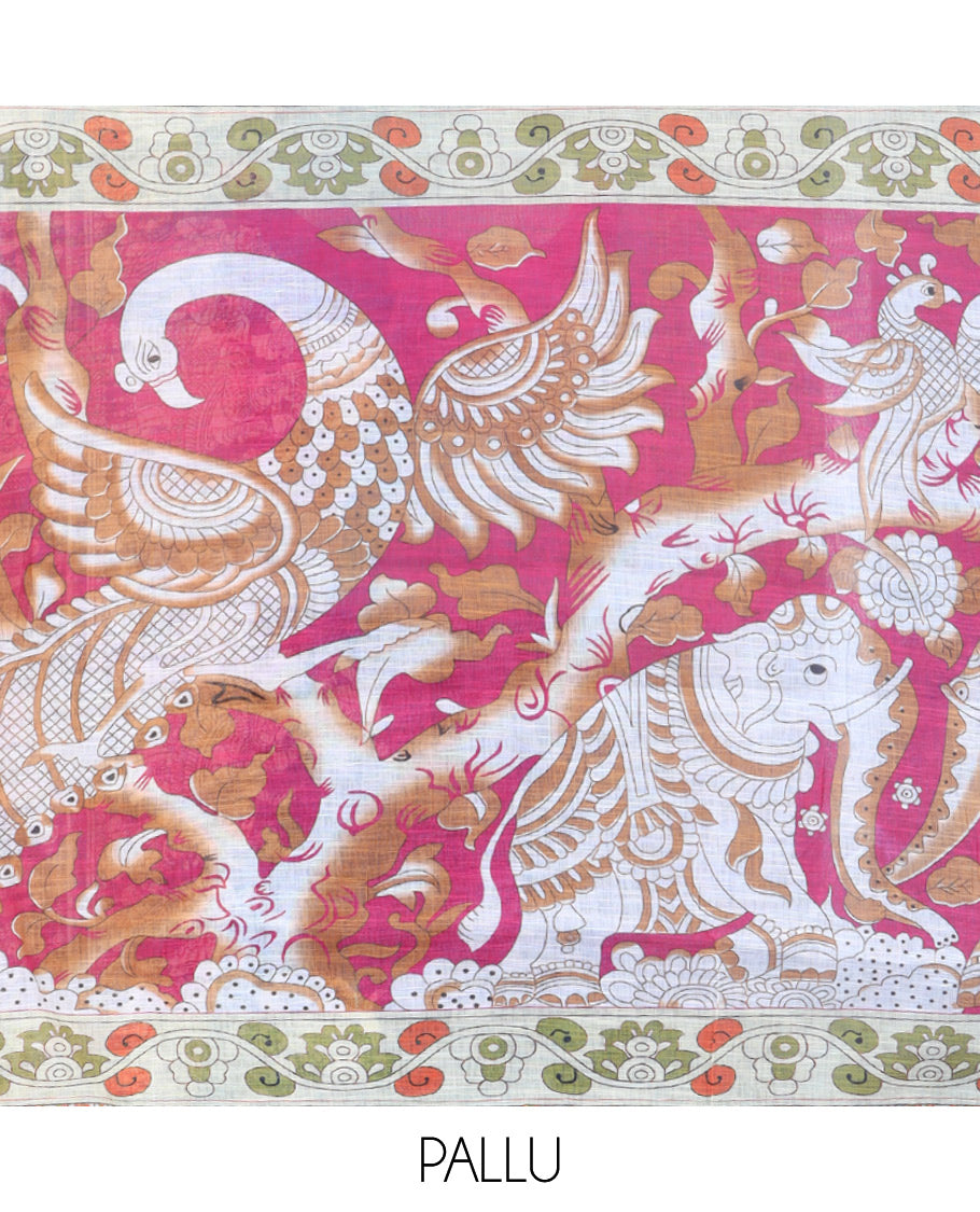 Navy Blue Linen Cotton Saree Features Kalamkari-Style Human Motifs Print, a Piping Border, Contrast Printed Pallu, and Contrast Blouse