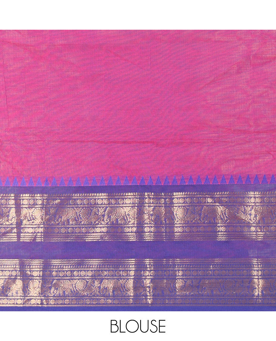 Majenta-Rani Pink Chettinad Cotton Half-Saree Featuring a Plain Skirt, Highlighted with a Contrast Peacock-Elephant Motifs Woven Rettai Pettu Zari Border, a Subtly Woven Matching Blouse, and a Vichitra Silk Contrast Traditional Zari-Bordered Dhavani