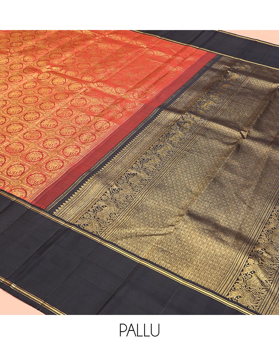 Red Kanchipuram Designer Silk Saree, Gracefully Embellished with Elephant Enclosed Checks On Its Body, Complemented by Contrast Rettai Pettu Zari Striped Border, Grand Jaal Pallu and Paired with a Contrast Blouse