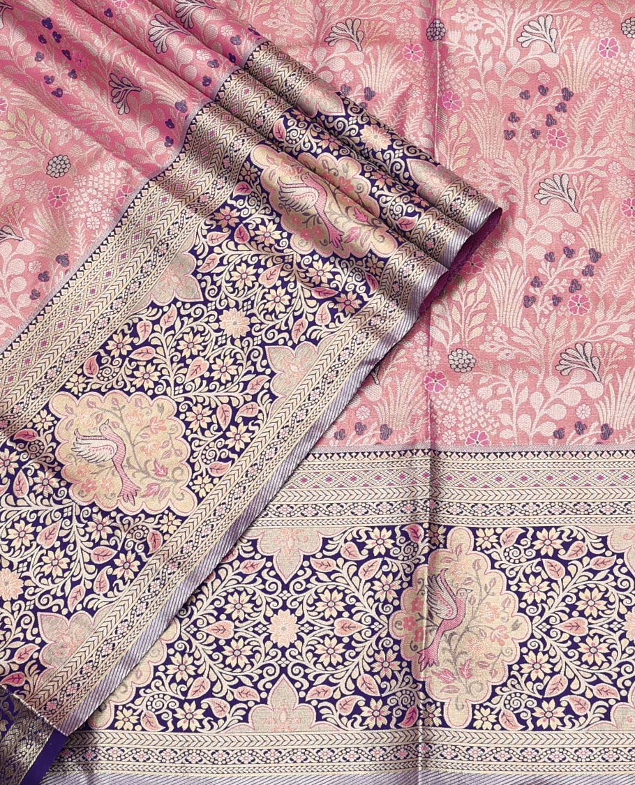 Pink Art Silk Material Half Saree Set, Embellished with Jacquard Design Skirt, a Contrast Meenakari Design Border, Contrast Blouse, and an Intricate Dhavani