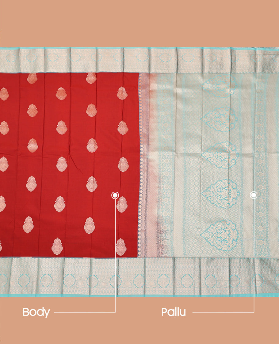 Rust Budget Silk Saree, Bedecked with Zari Buttas, Complemented by a Contrast Traditional Zari Border, Grand Pallu, and a Contrast Blouse