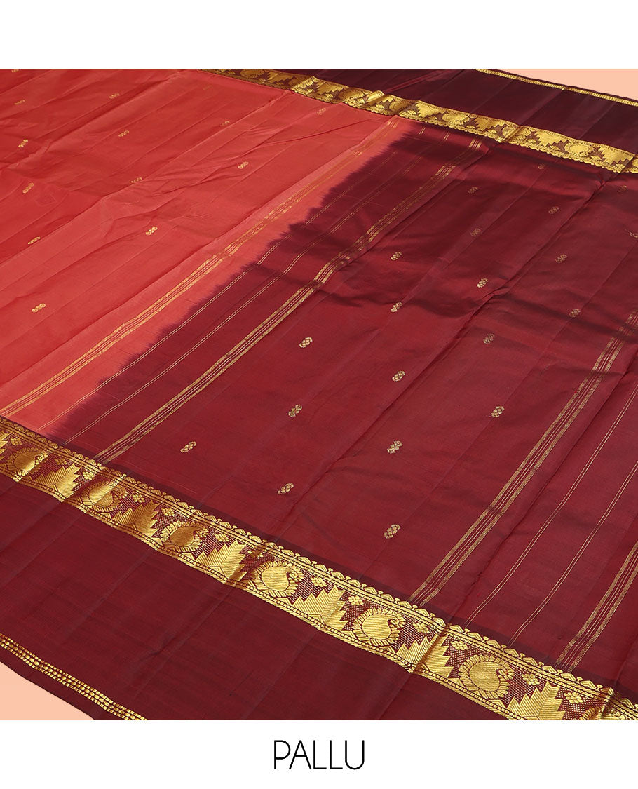 Rust Kanchipuram Silk Saree, Woven with Buttas, Complemented by a Contrast Rettai Pettu Border of Thazampoo Rekku and Arumbu Manga, Zari Design Pallu, and Contrast Blouse