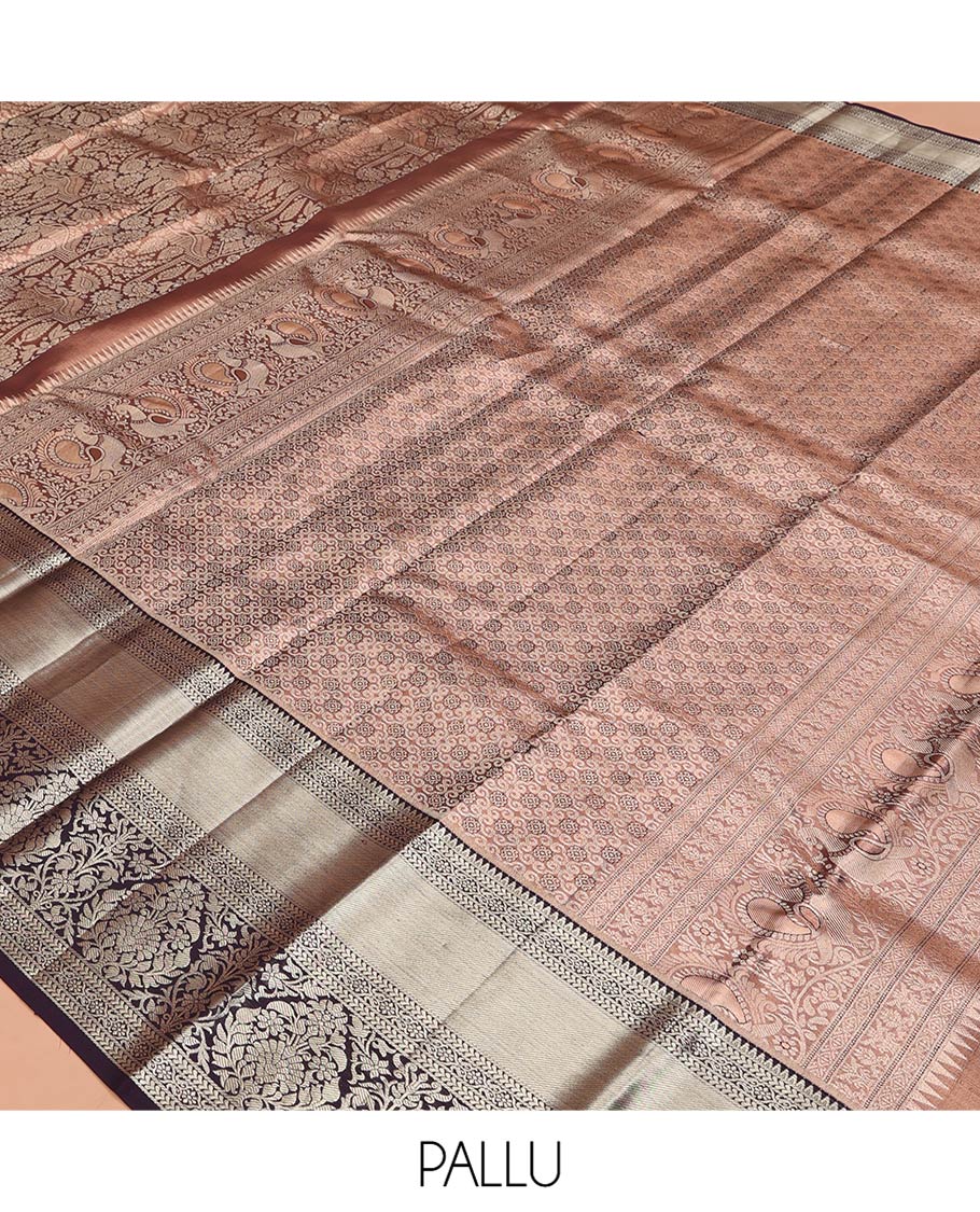 Peach Kanchipuram Tissue Silk Saree, Detailed with Jacquard Designs on Its Body, Complemented by a Contrast Zari Border of Traditional Designs, Intricately Designed Pallu, and Paired with a Contrast Blouse