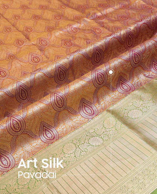 Orange floral jaal art silk pavadai material with contrast traditional zari design border & zari design blouse
