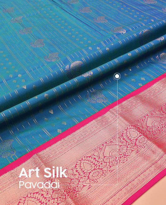 Blue Art Silk Pavadai Material Set, Gleamed Up with Zari Design on Its Skirt, Complemented by a Contrast Traditional Zari Design Border, and Paired with a Contrast Blouse
