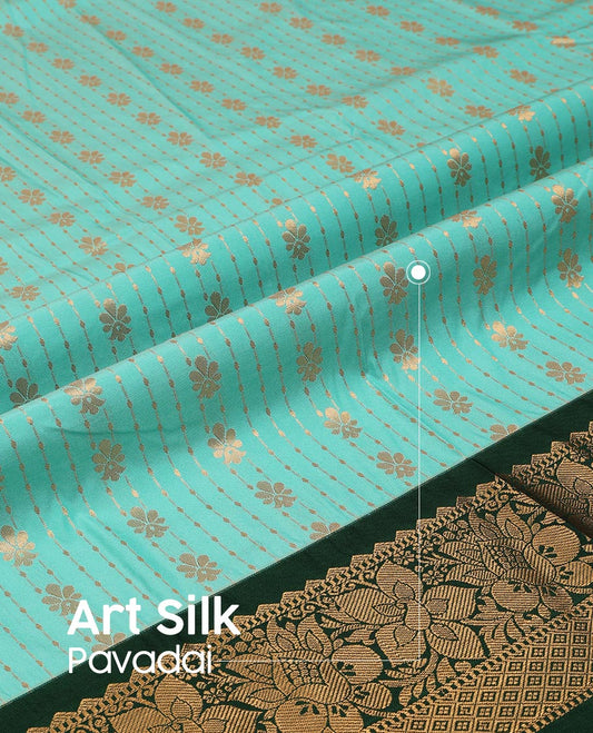 Turquoise Art Silk Pavadai Material Set Featuring Floral Stripes All Over the Skirt, Complemented by a Contrast Floral-Jaal Zari Design Border, and Paired with a Contrast Blouse