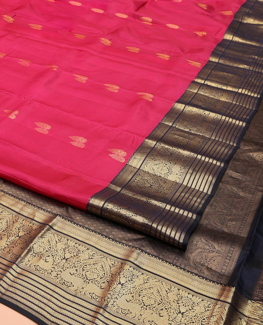 Pink Vasundhara Lite Silk Mix Saree, Detailed with Zari Buttas on Its Body, Complemented by a Contrast Border of Kathir, Mayil Kann, Mayil, Manga, and Puli Designs, Grand Jaal Pallu, and Paired with a Contrast Blouse