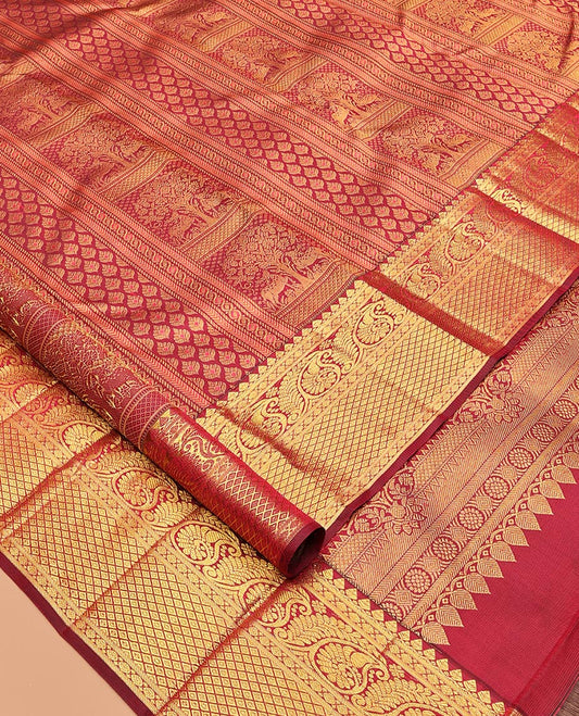 Maroon Kanchipuram Wedding Silk Saree, Embellished with Jacquard Design, Zari Border of Thilakam Mokku, Manga, and Mayil Kann Designs, Grand Pallu, and a Matching Blouse