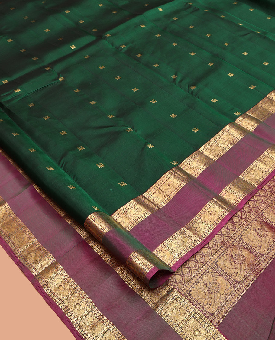 Green Vasundhara Lite-Silk Mix Saree, Bedecked with Zari Buttas, Complemented by a Contrast Rettai Pettu Mayil Border, Jaal Pallu, and a Contrast Blouse