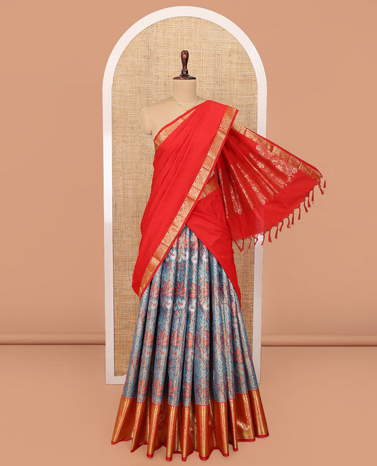 Blue Art Silk Material Half Saree Set, Opulently Embellished with Tropical-Floral Jacquard Design Skirt, a Contrast Traditional Zari Design Border, Contrast Zari-Jacquard Blouse, and a Dhavani of Floral Designs