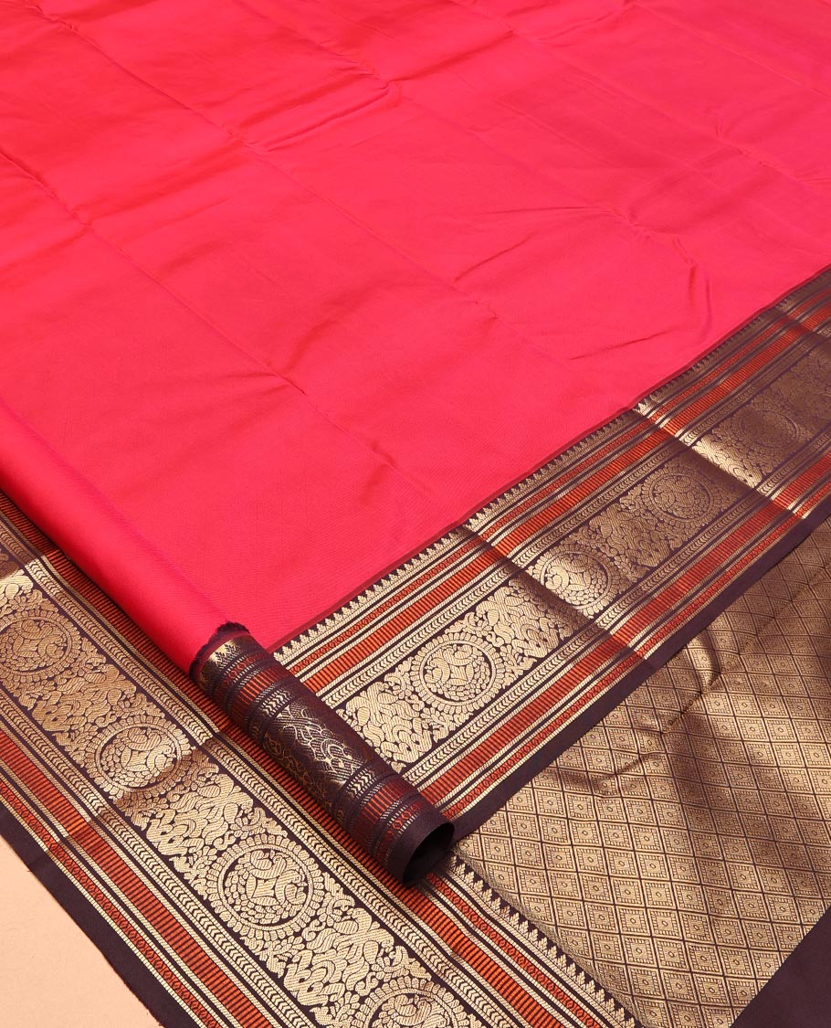 Red Plain Vasundhara Lite Silk Saree, Complemented by a Contrast Border of Banaras, Diamond, Muthu, Kathir, and Round Mayil Designs, Grand Jaal Pallu, and Paired with a Contrast Blouse