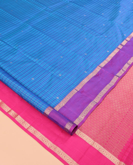 Blue Vasundhara Silk Saree, Featuring Zari Buttas and Checks, a Contrast Rettai Pettu Zari Border, Jaal Pallu, and Contrast Blouse