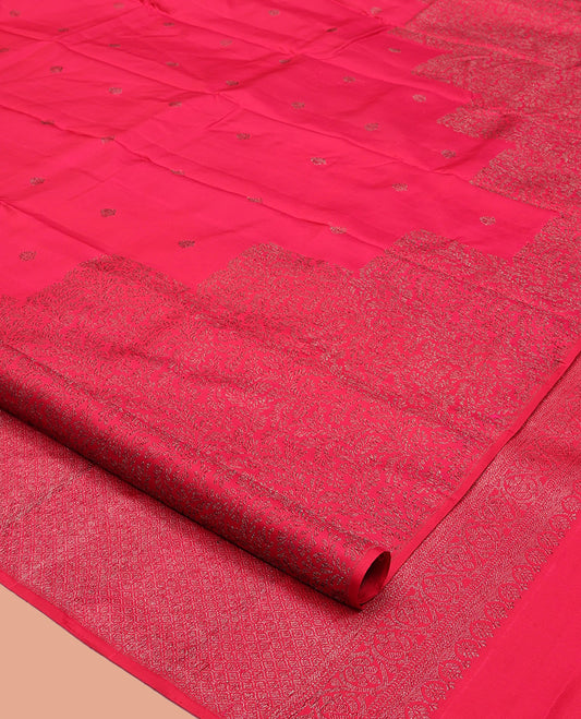 Borderless Red Kanchipuram Designer Silk Saree, Sparsely Sparkled with Zari Buttas and Jacquard Design, Jaal Pallu, and a Matching Blouse