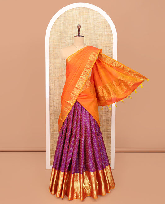 Purple Pure Silk Half-Saree, Mesmerized with Zari Buttas on Its Skirt, Complemented by a Contrast Border Featuring Traditional Zari Designs, Comes with a Contrast Blouse and a Dhavani of Mayil-Chakram Enclosed Checks