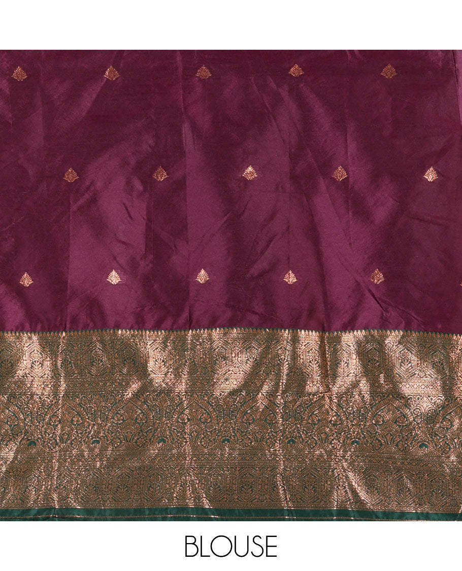 Purple taffeta silk half-saree, zari buttas with contrast traditional zari bordered skirt, matching zari design blouse, and contrast scallop buttas embroidered dhavani