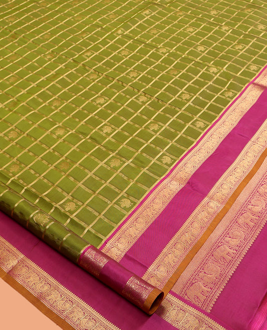 Green Vasundhara Lite Silk Mix Saree, Woven with Butta Enclosed Checks, Contrast Rettai Pettu Border of Thilakam Mokku, Neli, Mayil, and Yaanai Designs, Grand Pallu, and a Contrast Blouse