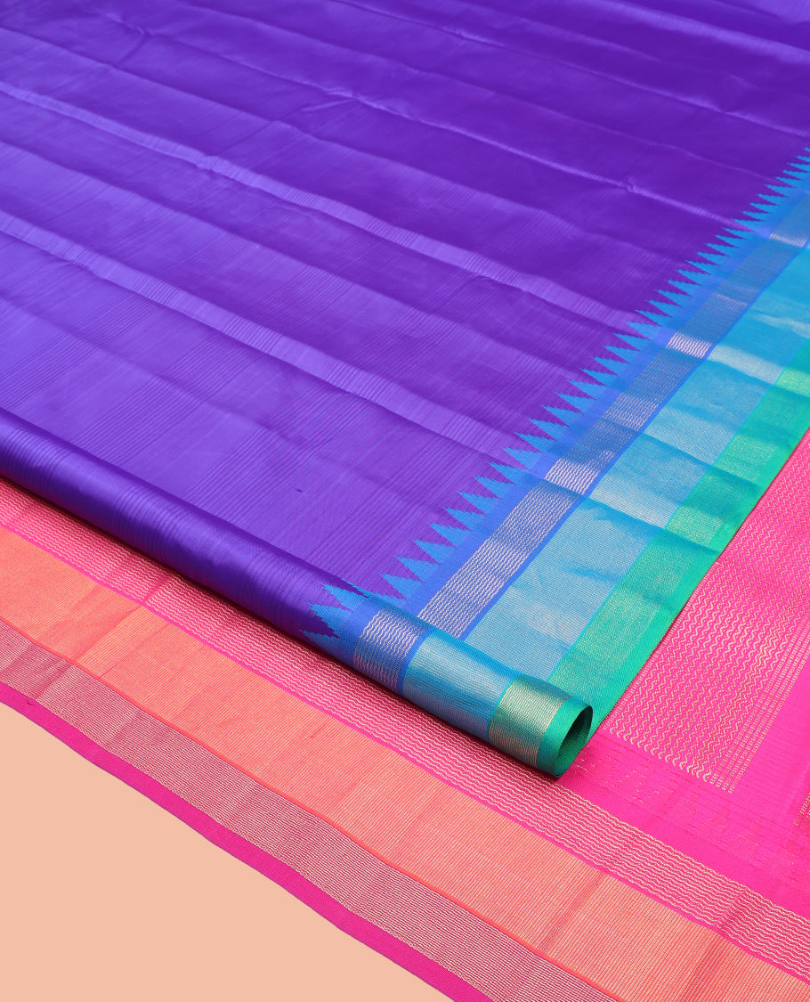 Violet Striped Bangalore Silk Saree, Complemented by a Contrast Temple Ganga-Jamuna Border, Zari-Striped Pallu, and Contrast Blouse