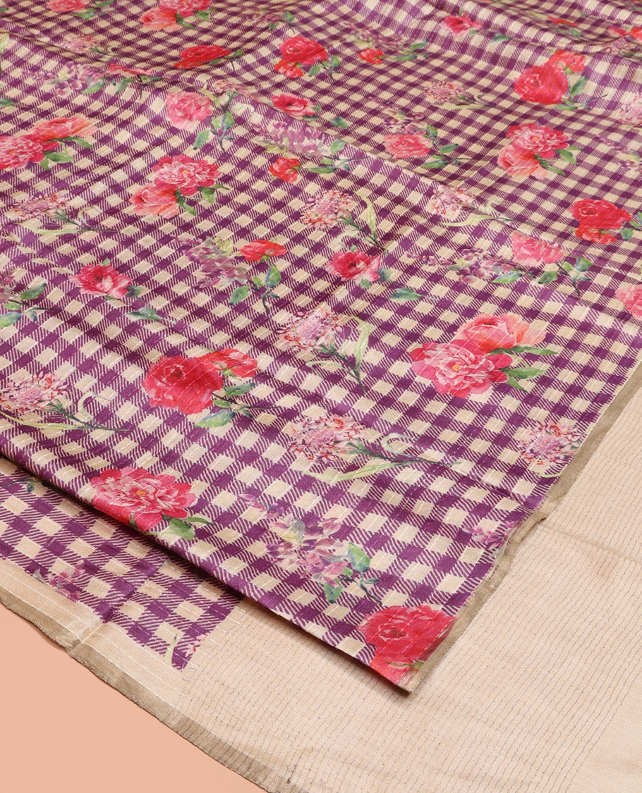 Sandal and Purple Tussar Silk Saree, Mesmerized with Burberry-Style Checks and Floral Print on Its Body, a Subtle Border, Subtly Striped Pallu, and Paired with a Matching Blouse