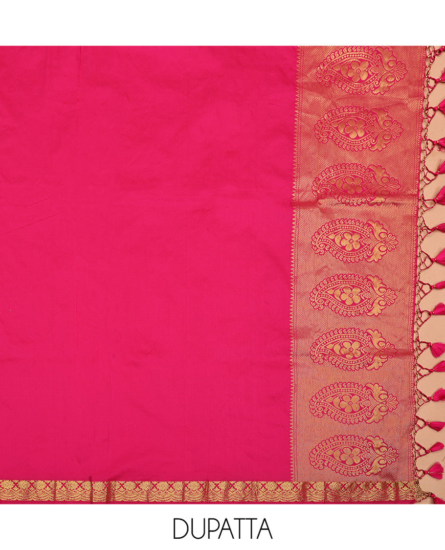 Green Art Silk Half-Saree, Finely Crafted with Jacquard Design, Contrast Intricate Motif Border, Paired with a Contrast Jacquard Blouse, and an Intricate Dhavani