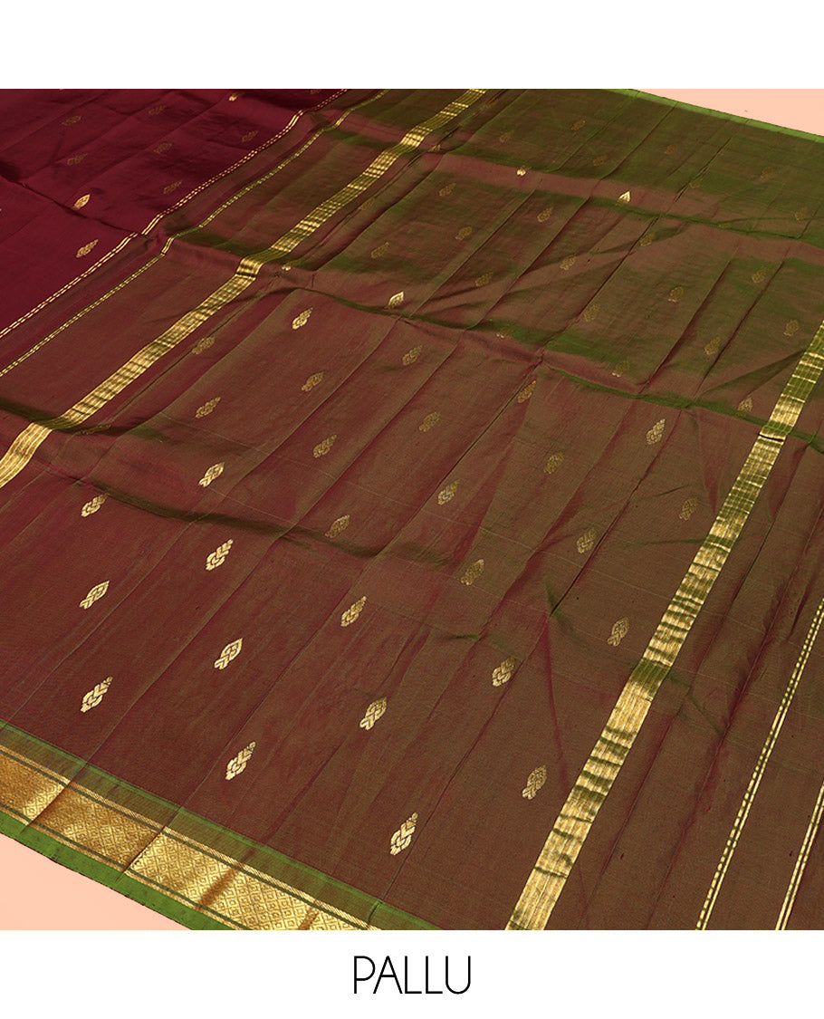 Maroon Kanchipuram Silk Saree, Mesmerized with Zari Buttas, Contrast Border of Banaras, and Mayil Kann, Zari Design Pallu, and No Blouse