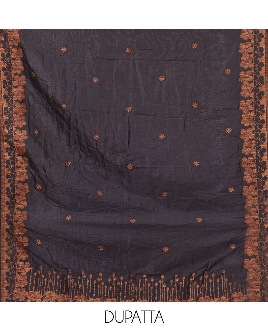 Black Semi Silk Material Chudidar Set, Adorned with Copper Zari Intricate Design Woven Top, a Santoon Bottom, Matching Dupatta