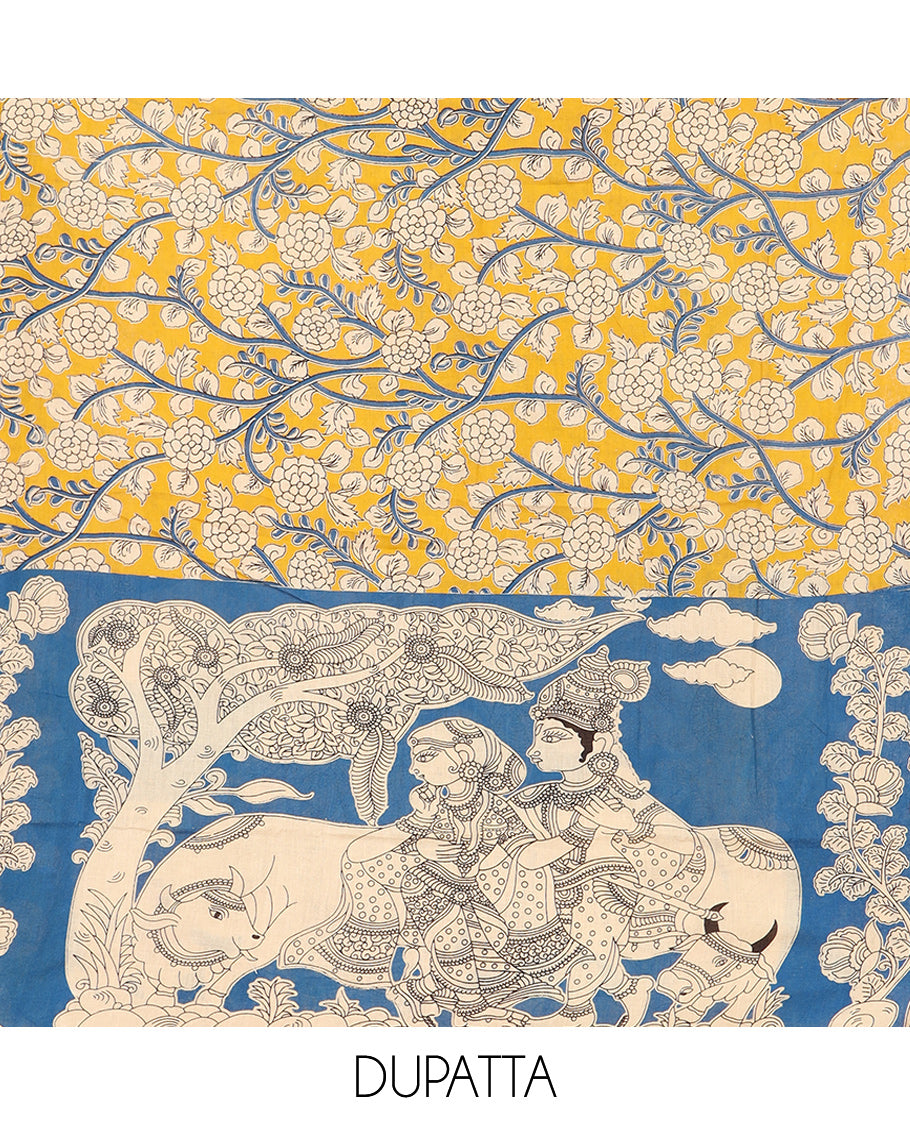 Cream Cotton Material Churidar Features Kalamkari Printed Top, a Plain Bottom, and a Kalamkari Printed Dupatta
