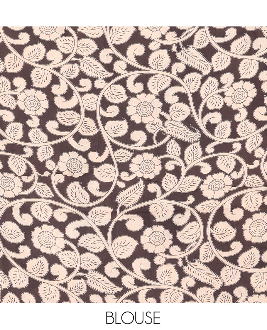 Sandal-Black Machine-Printed Kalamkari Cotton Saree Features Unique Motifs, an Elephant-Printed Border, a Pallu of Lord Krishna Motifs, and a Matching Blouse