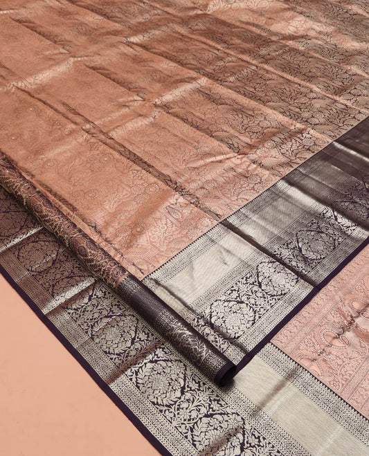 Peach Kanchipuram Tissue Silk Saree, Detailed with Jacquard Designs on Its Body, Complemented by a Contrast Zari Border of Traditional Designs, Intricately Designed Pallu, and Paired with a Contrast Blouse