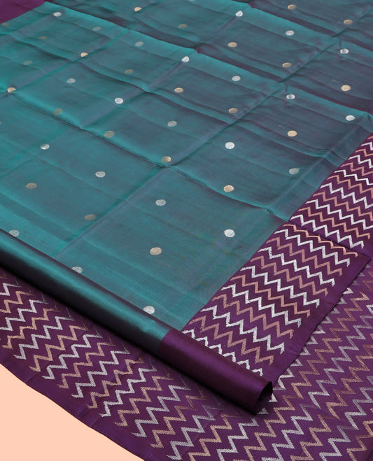 Peacock Blue Mayuri Soft Silk Saree, Highlighted by Zari Buttas, Contrast Chevron Striped Border, Grand Chevron Striped Pallu, and Contrast Blouse