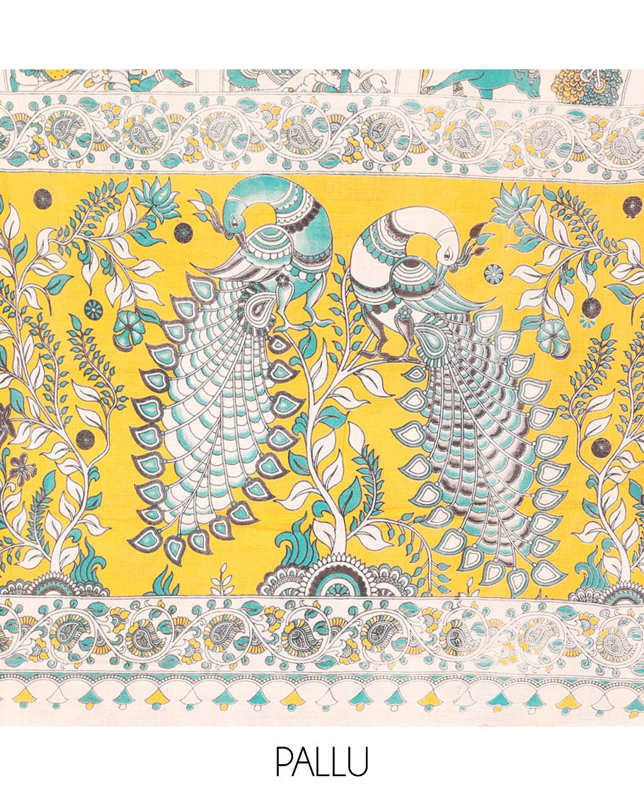 Off-White Kalamkari Cotton Saree Features Flora, Fauna, Human Motifs Print, Contrast Kalamkari Printed Border, Peacock Pallu, and a Matching Blouse