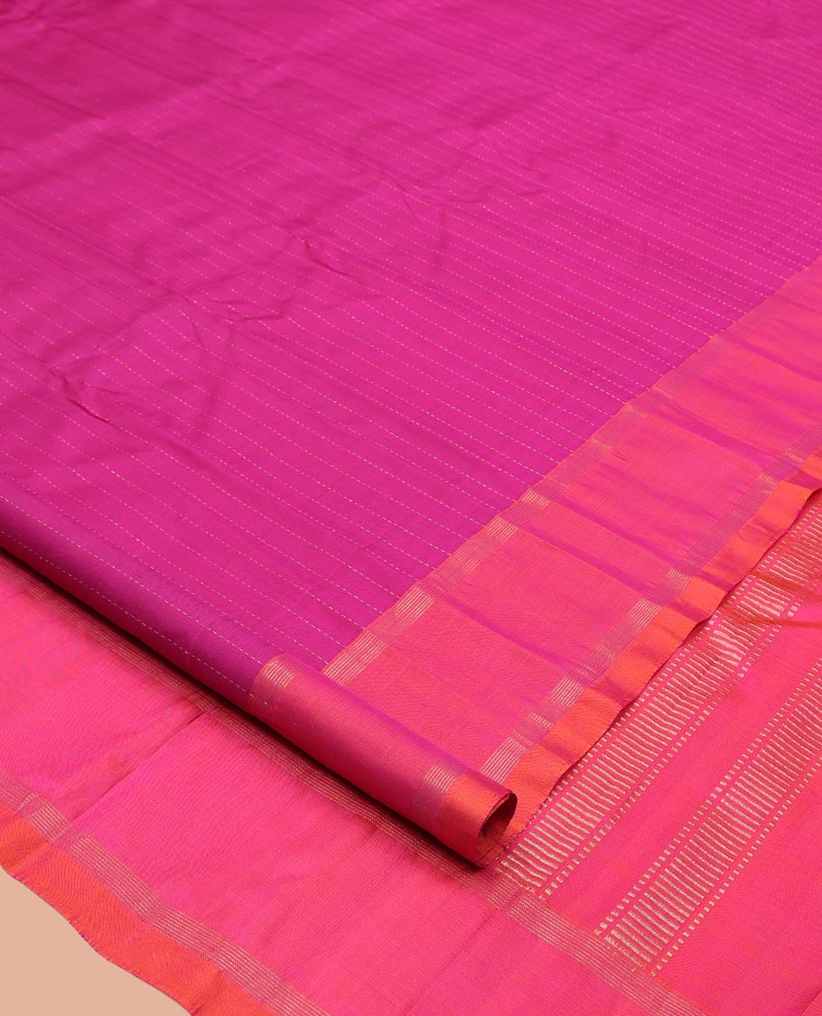 Pink Kanchipuram Silk Saree, Subtly Sparkled with Muthu Zari Stripes, Highlighted by Rettai Pettu Traditional Border, Zari Striped Pallu, and a Matching Blouse