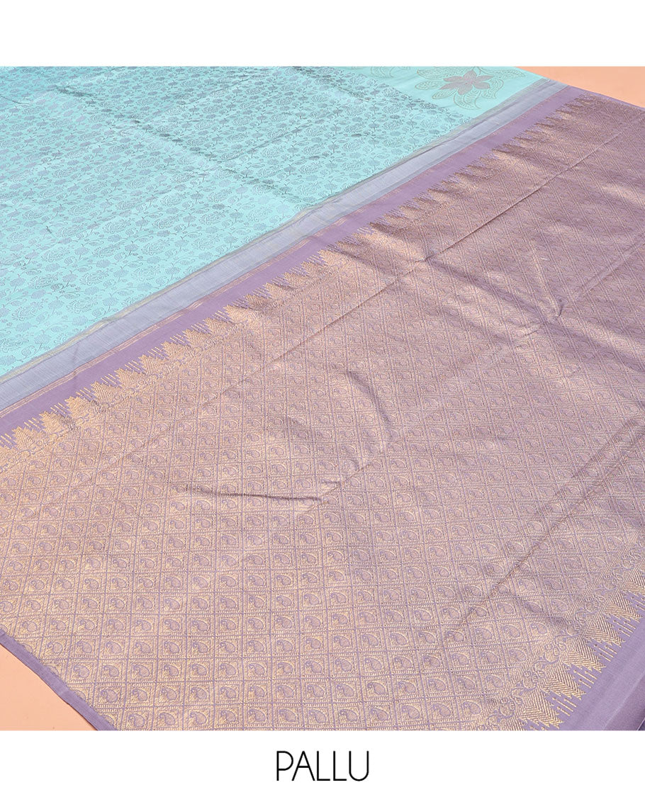 Blue Floral-Paisley Design Kanchipuram Silk Saree, a Floral Border, Contrast Jaal Pallu, Contrast Blouse