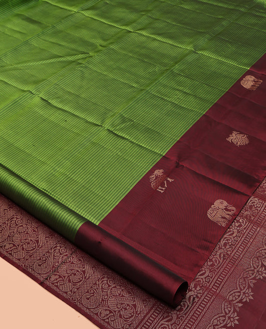 Green Mayuri Lite Silk Mix Saree, Finely Crafted with Vazhaipoo Stripes, Contrast Border of Gandaberunda, Yaanai, and Maan, Intricate Pallu, and a Contrast Blouse